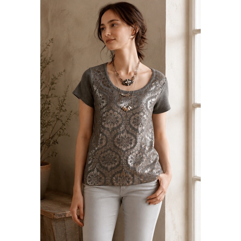 Moth Anthropologie Gray Metallic Silver Damask Foil Knit Zipper Back Top XS